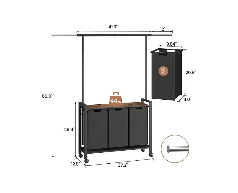 gaomon Laundry Sorter 3 Section Laundry Hamper Sorter with Clothes Hanging Rod and Wooden Storage Shelf 3 X 13gal Laundry Basket Organizer for Laundry