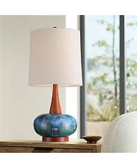 360 Lighting Andi 25" High Mid Century Modern Coastal Table Lamp Blue Green Ceramic Wood Single Fabric White Shade Living Room Bedroom Bedside Nightst
