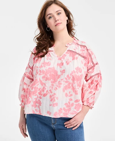Style & Co Plus Printed Split-Neck Top, Exclusively at Macy's
