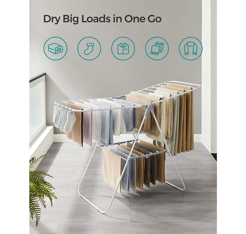 Metal Laundry Drying Rack with Adjustable Gullwings and Sock Clips, Space-Saving Design