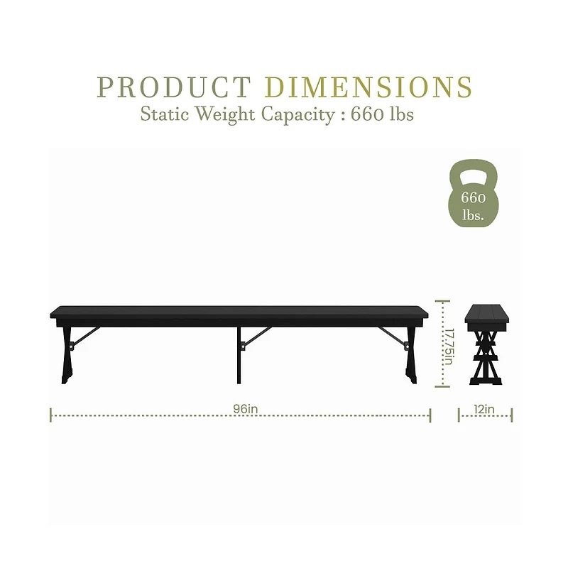 Merrick Lane Tinsley 8' X 12" Solid Pine Folding Farmhouse Style Bench, Rustic Pinewood Folding Dining Bench With Locking X-Legs