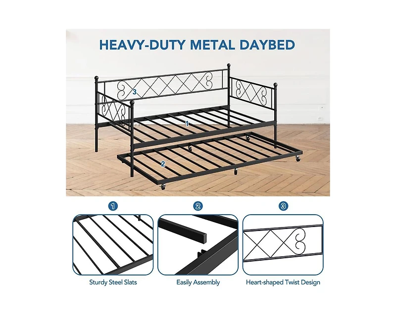gaomon Twin Metal Daybed with Trundle, Premium Steel Slat Support, Space Saving Trundle Sofa Bed for Living Room