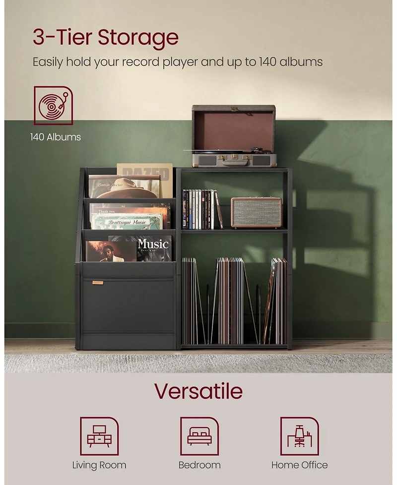 Slickblue 3-Tier Record Player Stand with Vinyl Storage for 140 Albums, End Table Living Room or Bedroom