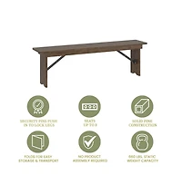 Merrick Lane Tinsley 60" X 12" Solid Pine Folding Farmhouse Style Bench, Rustic Pinewood Folding Dining Bench With Locking Legs