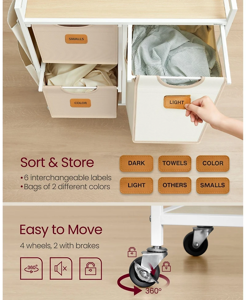 Slickblue 4-Compartment Laundry Hamper, Rolling Laundry Sorter Cart with Shelves, Side Pockets & 6 Labels