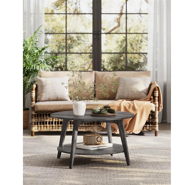 2-Tier Round Coffee Table with Open Storage Shelf for Living Room