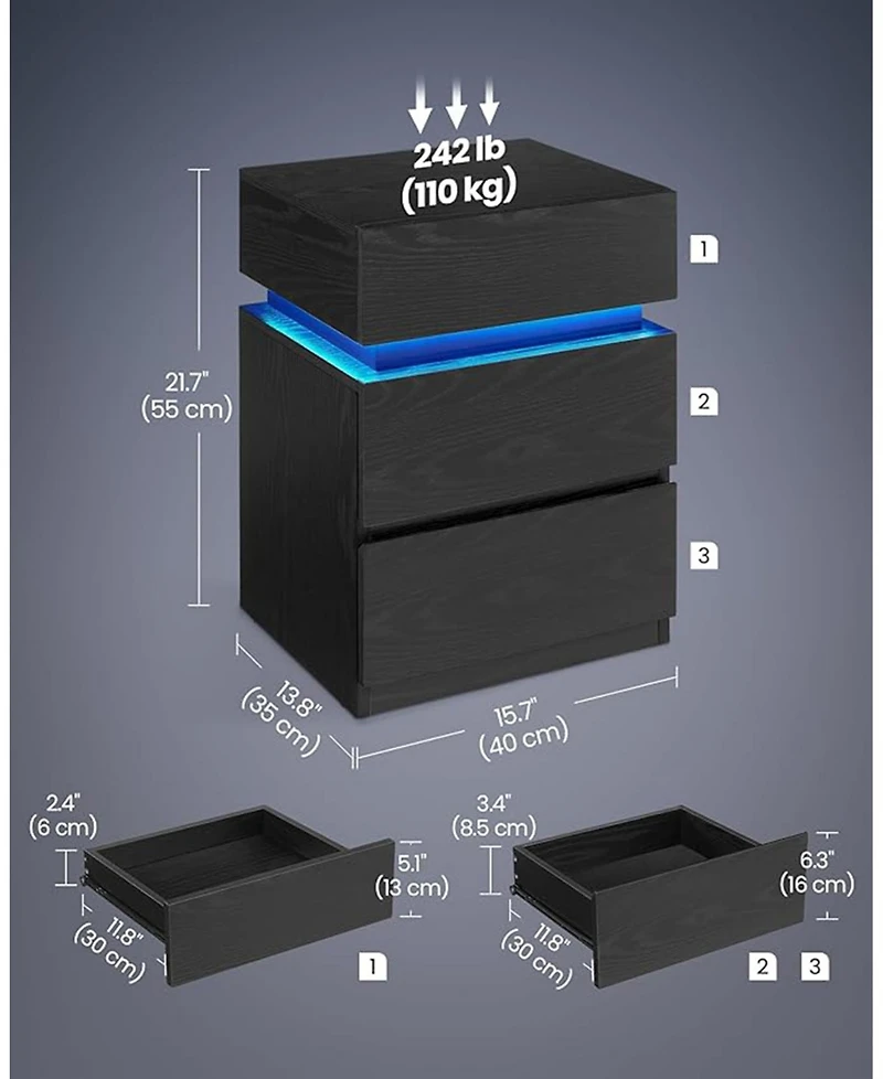 Slickblue Modern Nightstand with Led Lights Adjustable Colors, 3-Drawer Bedside Side Table