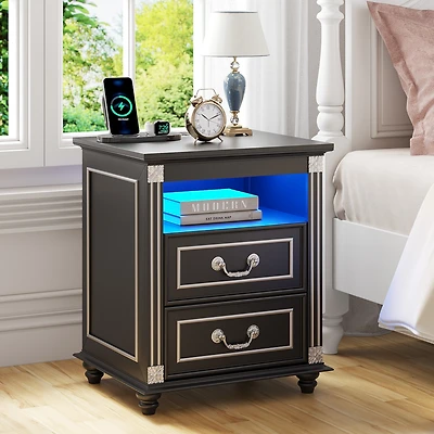 Vlsrka Nightstand with Charging Station, 3-Color Led & 2 Drawers