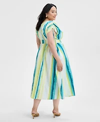 I.n.c. International Concepts Plus Size Cotton Drawstring-Sleeve Midi Dress, Exclusively at Macy's