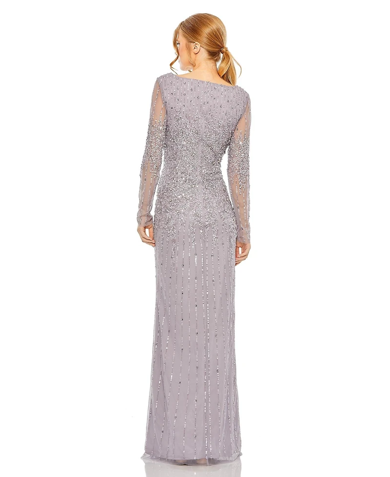 Mac Duggal Women's High Neck Sequin Embellished Long Sleeve A Line Gown