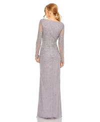 Mac Duggal Women's High Neck Sequin Embellished Long Sleeve A Line Gown