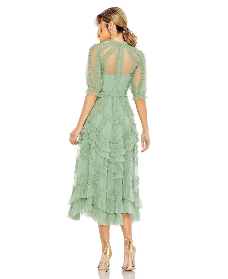 Mac Duggal Women's High Neck Puff Sleeve Ruffle Tiered Dress