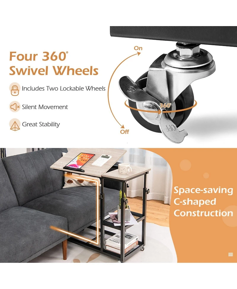Gouun Adjustable C-Shaped Bedside Table with Wheels