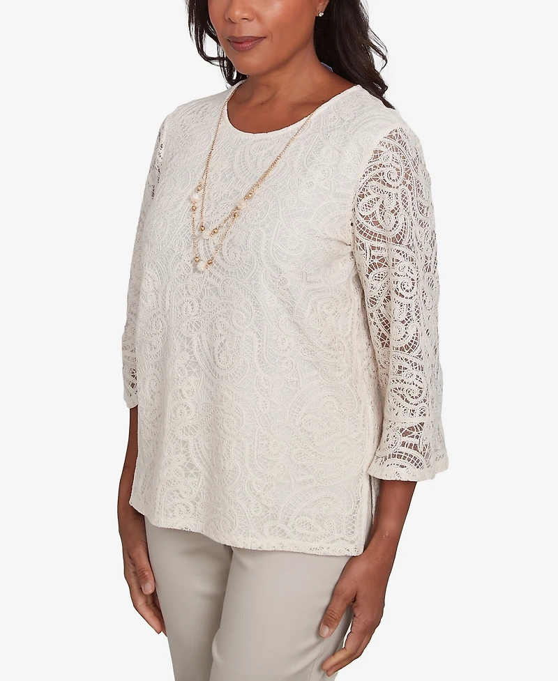 Alfred Dunner Women's Coming Up Roses Lace Woven Top with Necklace