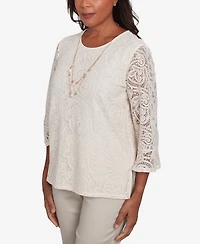 Alfred Dunner Women's Coming Up Roses Lace Woven Top with Necklace