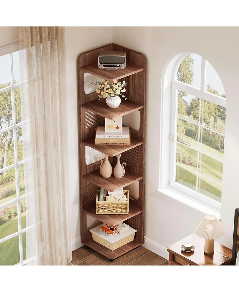Tribesigns 6-Tier Corner Shelf Stand, 71-Inch Rustic Tall Corner Bookshelf, Narrow Corner Bookcase, Corner Plant Stand Display Shelf Organizer