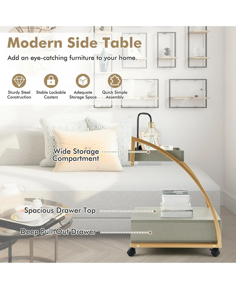 Gouun Modern 2-Tier Rolling End Table with Tray Top and Pull-Out Drawer