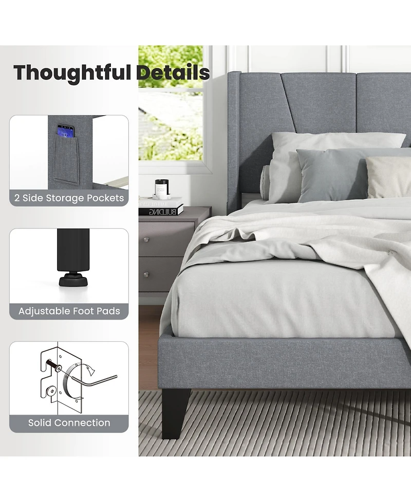 Gouun Full Size Bed Frame with Wingback Headboard and Wood Slat Support-Full Size
