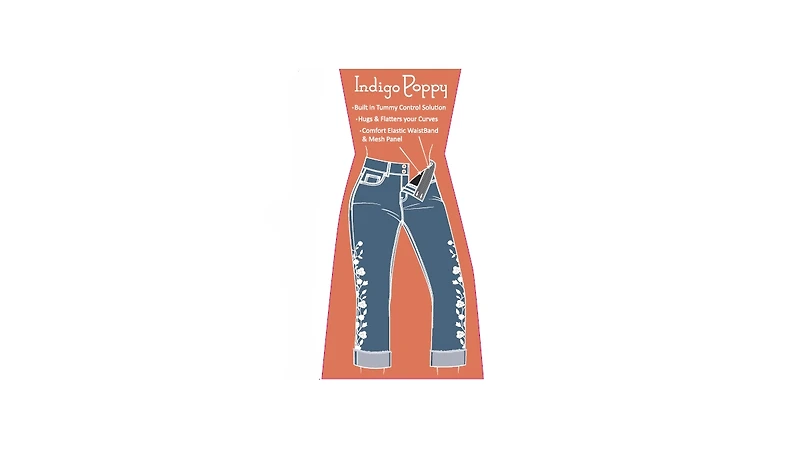 Indigo Poppy Women's Two Button Tummy Control Embroidered Wide Cuff Crop