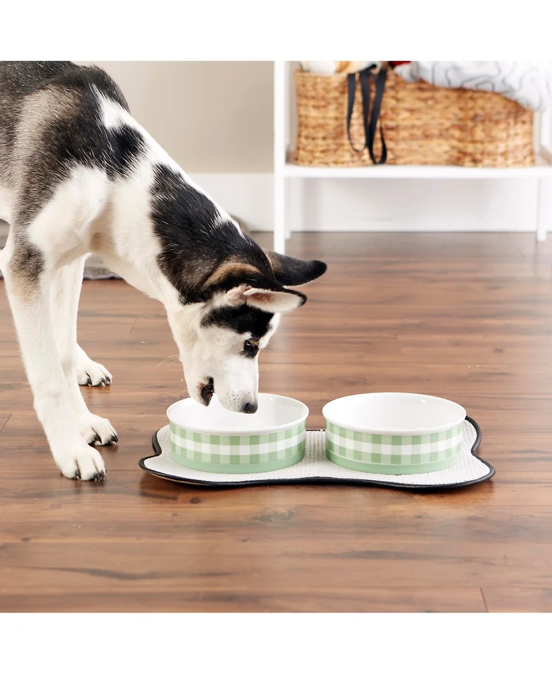Bone Dry Petite Check Pet Bowl Set/2