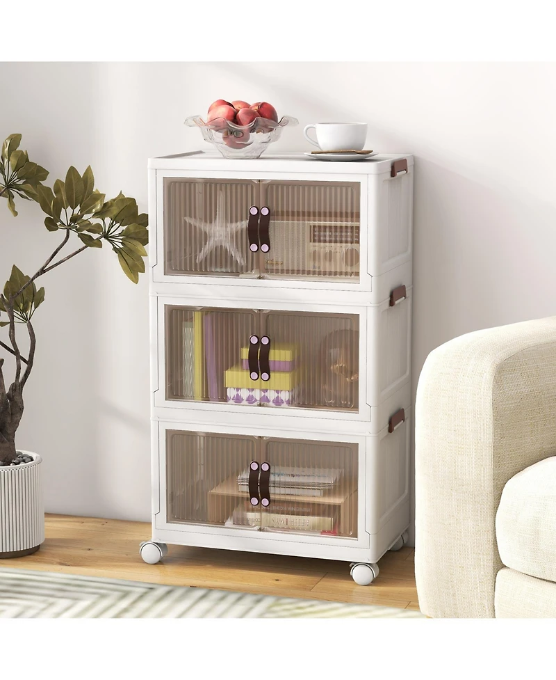 Gouun 3-Tier Stackable Storage Boxes Bins with Magnetic Doors and Lockable Casters-s