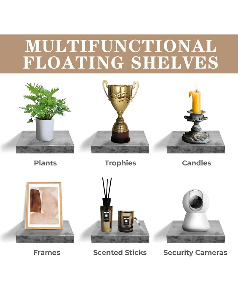 Set of 3 (9") Sorbus Square Floating Shelf with Invisible Mounting Brackets for Living Room Decor, Bedroom, Bathroom Decor, Kitchen (Rustic Gray