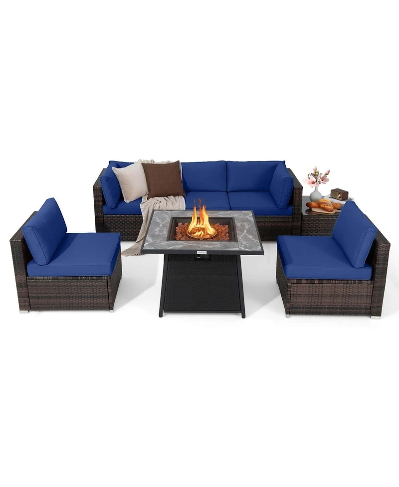 Costway 7 Pcs Patio Furniture Set with 35" Propane Gas Fire Pit Table & Waterproof Cover