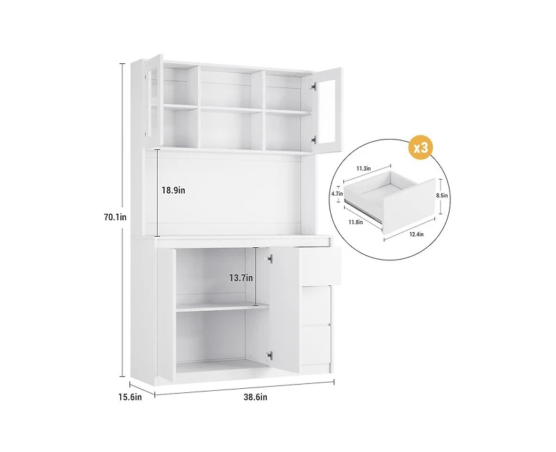 gaomon Tall Kitchen Pantry Cabinet, Kitchen Storage Cabinet with Led Lights and Power Outlets, Food Pantry Cabinet with Microwave Stand, Glass Door, A