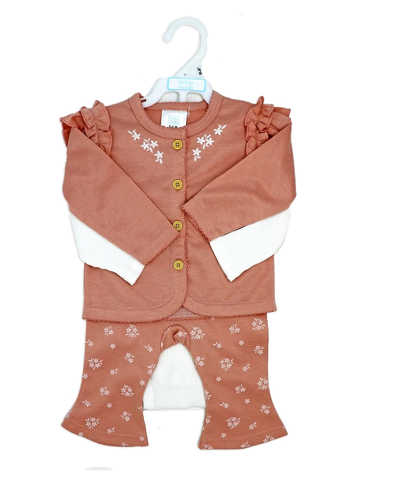 Baby Mode Baby Girls Misty Rose Bell Bodysuit, Pants and Jacket, 3-Piece Set