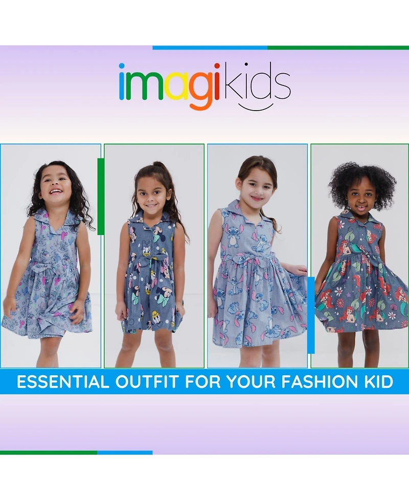 Disney Minnie Mouse Mickey Daisy Lilo & Stitch Princess Belle Ariel Girls Chambray Skater Dress Toddler to Big Kid