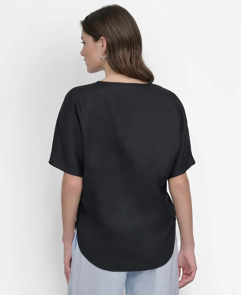 Dkny Women's Seamed-Front V-Neck Curved-Hem Linen Blouse