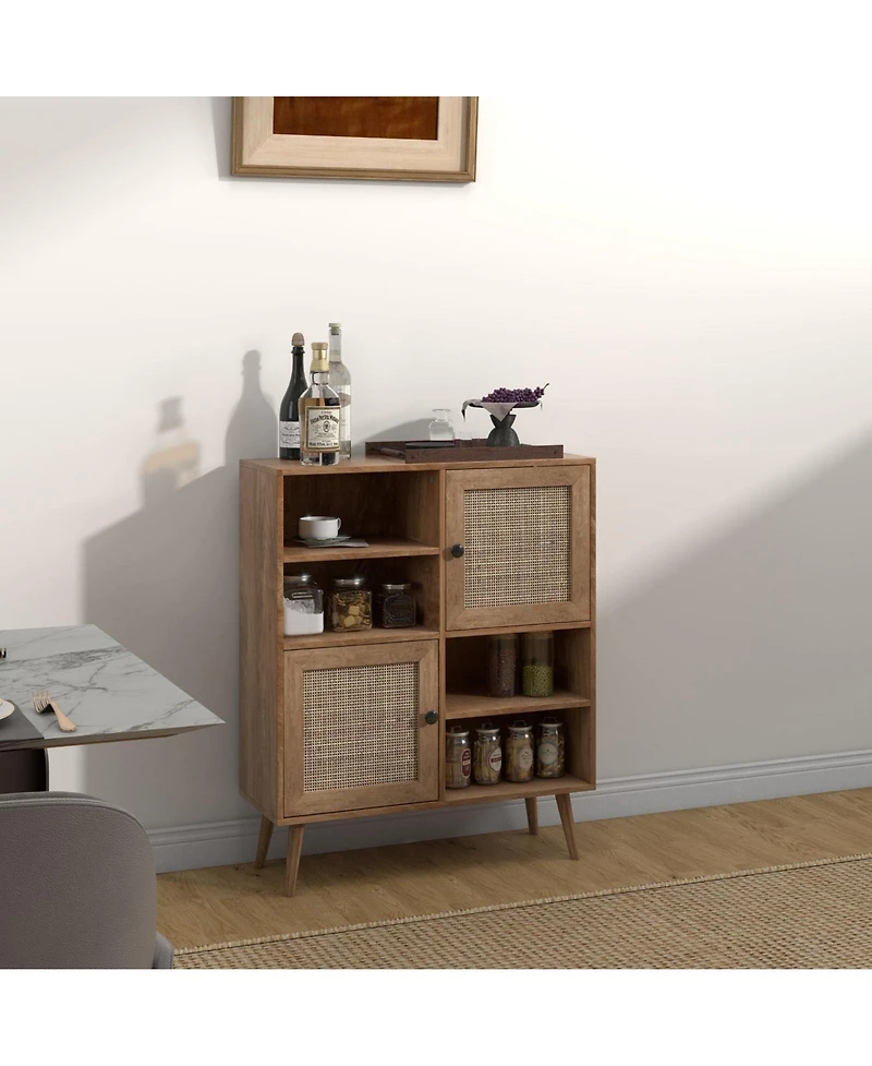 Gouun Rattan Buffet Cabinet with 2 Doors and 2 Cubbies