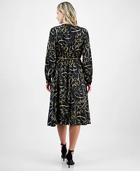 T Tahari Women's Button-Front Long-Sleeve Chain-Belt Dress