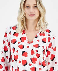 T Tahari Women's Heart-Print Faux-Wrap Long-Sleeve Blouse