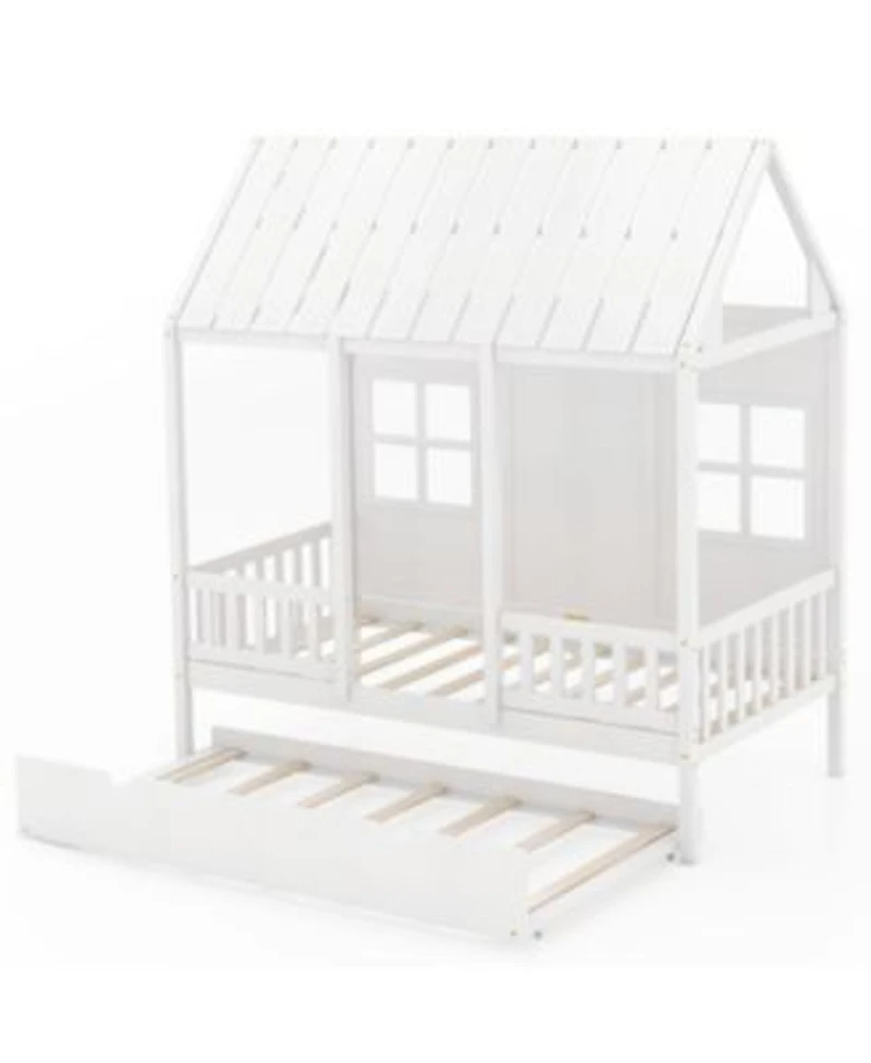 Twin Size Bed Frame House Bed with Trundle 82 Inch Tall Roof