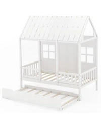 Twin Size Bed Frame House Bed with Trundle 82 Inch Tall Roof