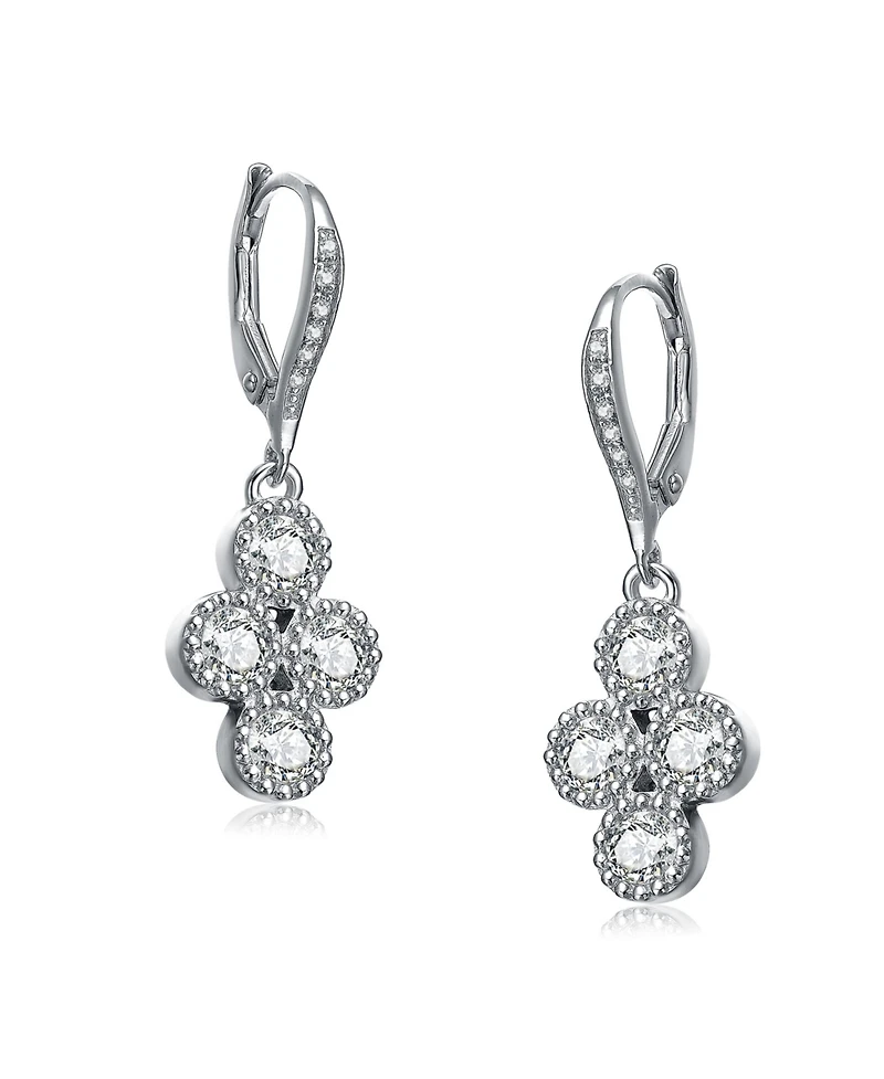 Sterling Silver White Gold Plated with Clear Cubic Zirconia Dangling Earrings
