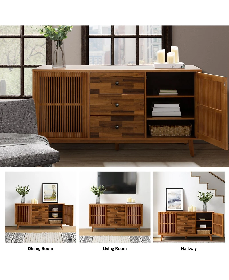 Hulala Home Crrillus Mid-century 58'' Wide 3 Drawer Sideboard with Slatted Doors