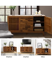 Hulala Home Crrillus Mid-century 58'' Wide 3 Drawer Sideboard with Slatted Doors