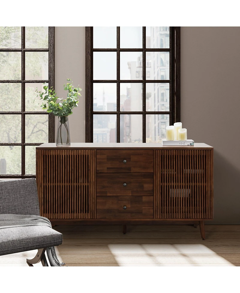 Hulala Home Crrillus Mid-century 58'' Wide 3 Drawer Sideboard with Slatted Doors