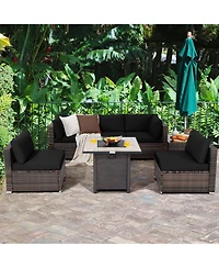 7PCS Patio Rattan Furniture Set 30'' Fire Pit Table Cover Cushion Sofa