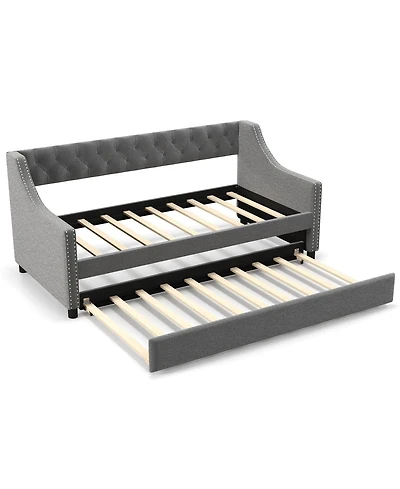 Twin Size Daybed with Trundle Sofa Bed with Curved Armrests and Backrest
