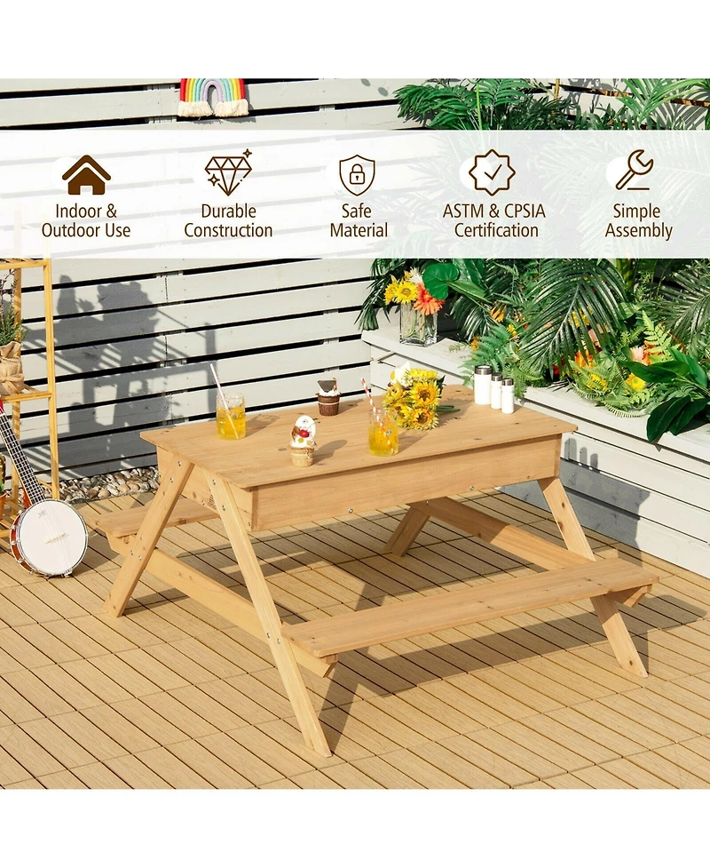 Gouun 3-in-1 Kids Picnic Table Wooden Outdoor Water Sand Table with Play Boxes