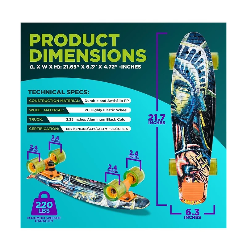 Hurtle 6'' Pp Deck Skateboard, Mini Cruiser Skateboard for Kids, Teens, and Adults