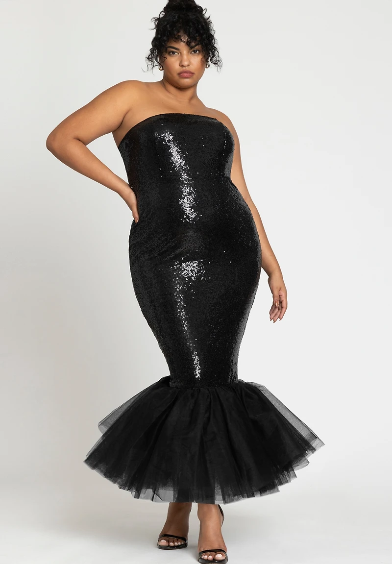 Eloquii Women's Plus Tulle Flounce Sequin Column Dress