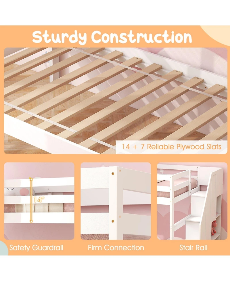 Home Wood Bunk Bed with Guard Rail and 4-step Storage Stairs No Box Spring Needed