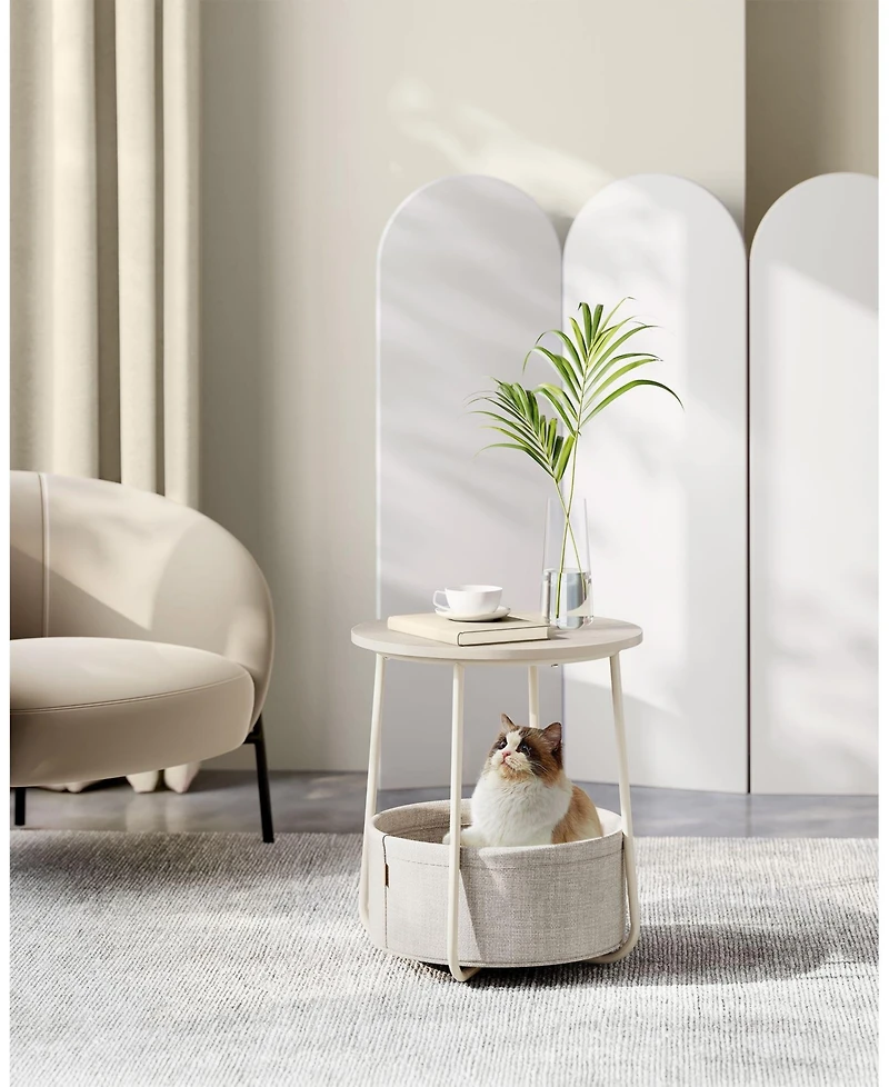 Slickblue Small Round Side End Table, Modern Nightstand with Fabric Basket