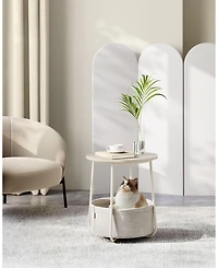 Slickblue Small Round Side End Table, Modern Nightstand with Fabric Basket