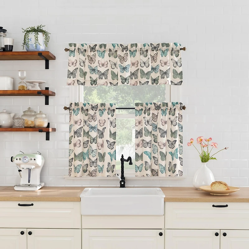 Magdalena Butterfly Print Sheer Rod Pocket Kitchen Curtain Valance