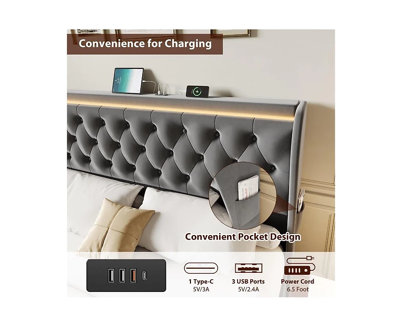 gaomon Queen Led Bed Frame with Charging Station, Velvet Upholstered Platform Bed Frame with Button Wingback Headboard, Metal Frame with No Box Spring